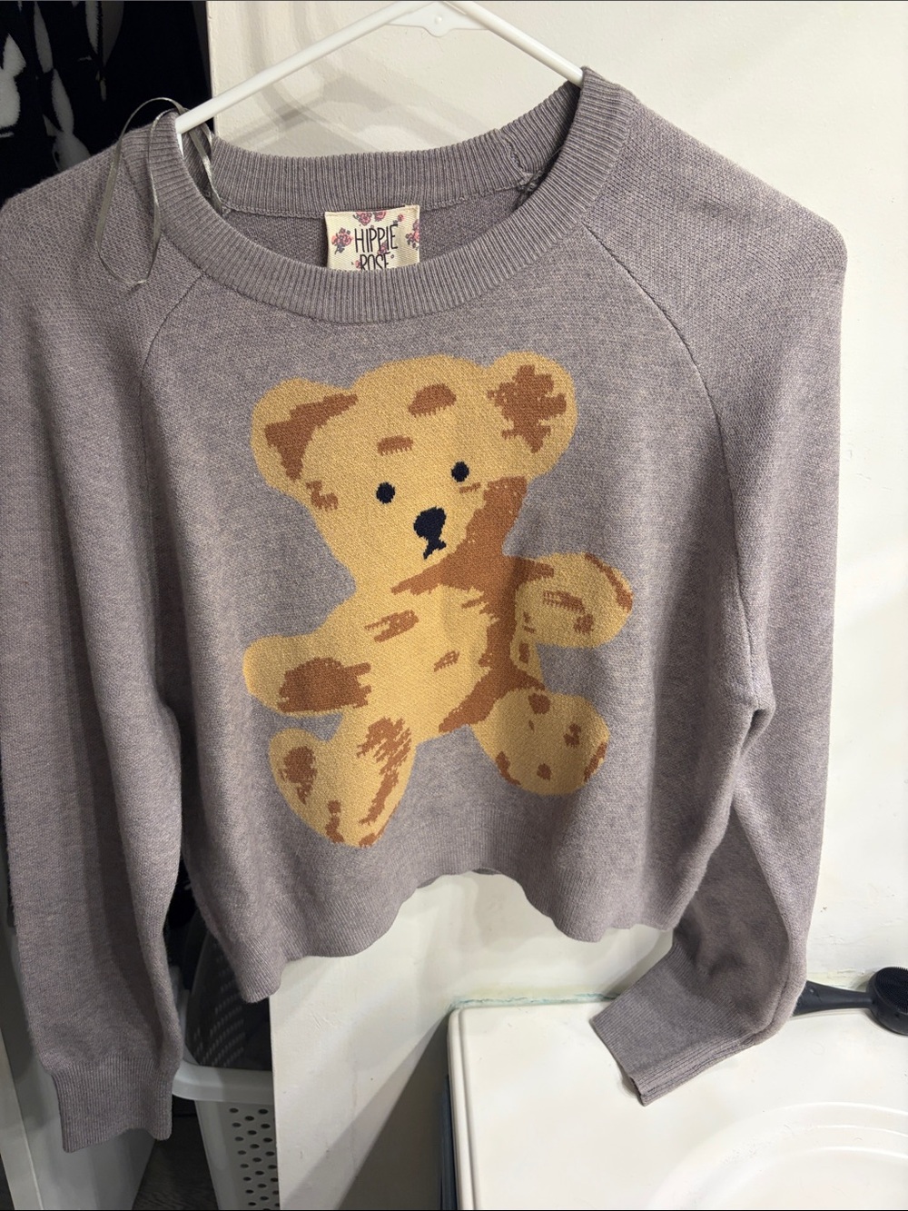 Hippie Rose Lavender Crewneck Sweater with Teddy Bear Motif